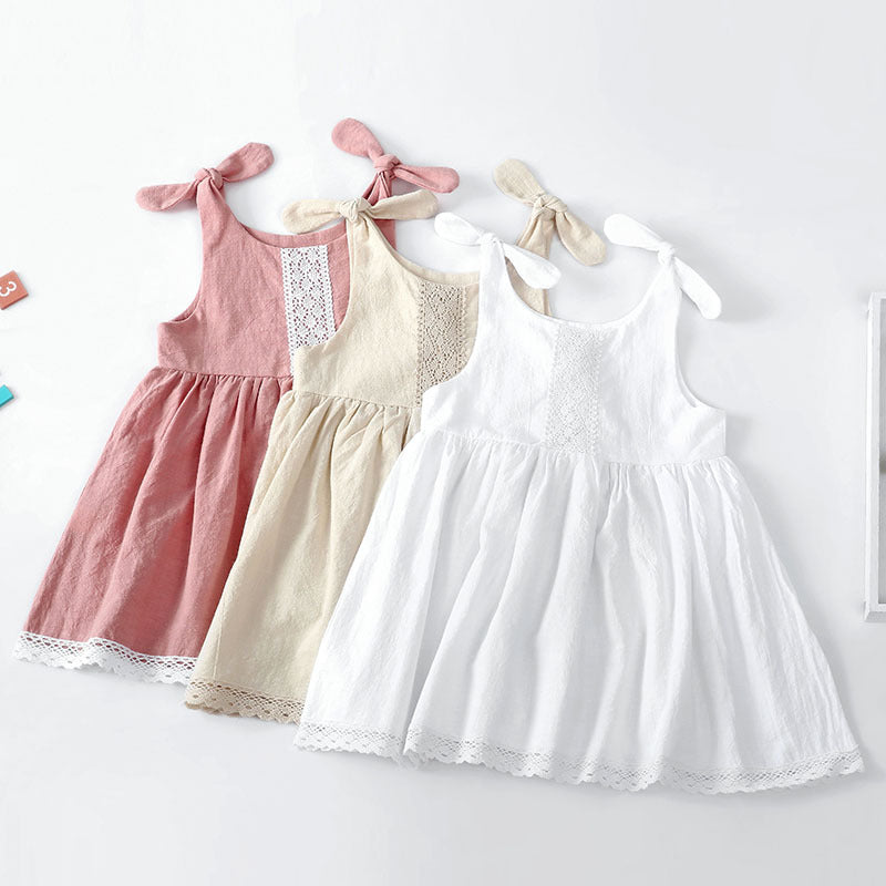 new solid color children's dress cotton linen lace princess dress lace up girls dress girls one-piece