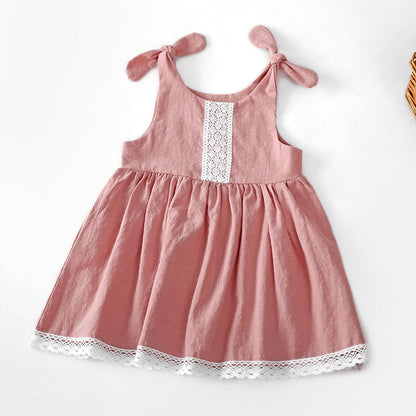 New Solid Color Children's Dress Cotton Linen Lace Princess Dress Lace Up Girls Dress Girls One-Piece