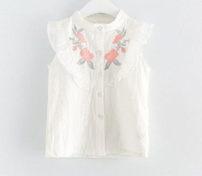 Girls Embroidered Flowers Ruffled Lace Sleeveless Shirt Two-Color Shorts Set