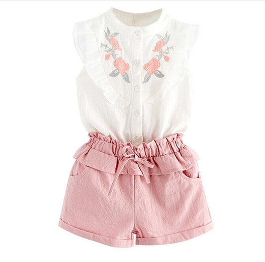 Girls Embroidered Flowers Ruffled Lace Sleeveless Shirt Two-Color Shorts Set