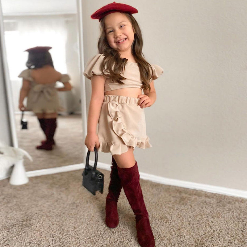 children's wear girls' suit ins style children's wear girls' lantern sleeve short skirt two-piece set