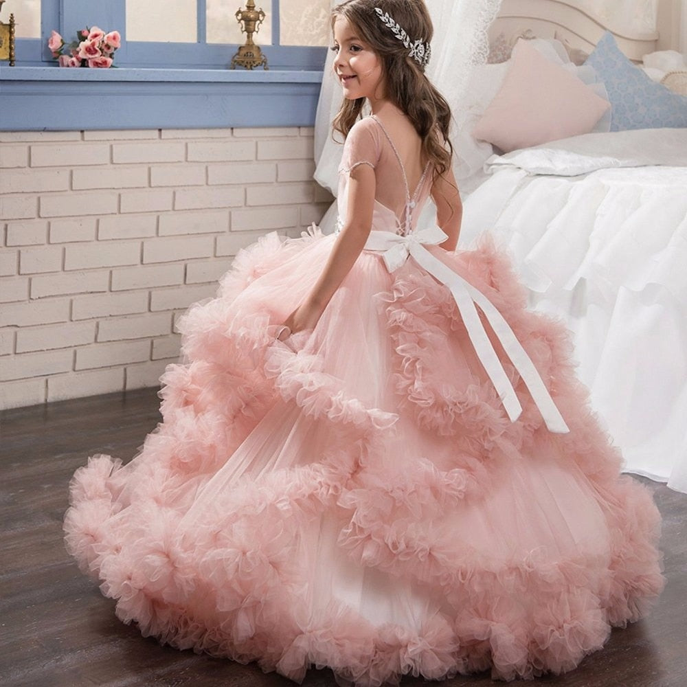 stunning v-back luxury pageant tulle ball gowns for girls 2-13 year old pink color little princess flower girl dresses party