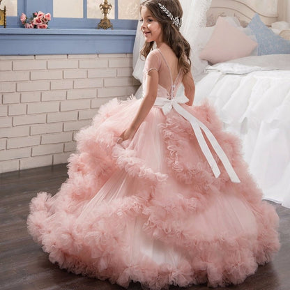 Stunning V-Back Luxury Pageant Tulle Ball Gowns for Girls 2-13 Year Old Pink Color Little Princess Flower Girl Dresses Party