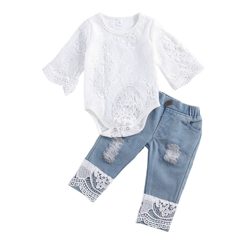 new fashion 0-24m baby girls fall clothes long sleeve lace romper suit triangle crotch lace top  hole long jeans 2pcs outfit