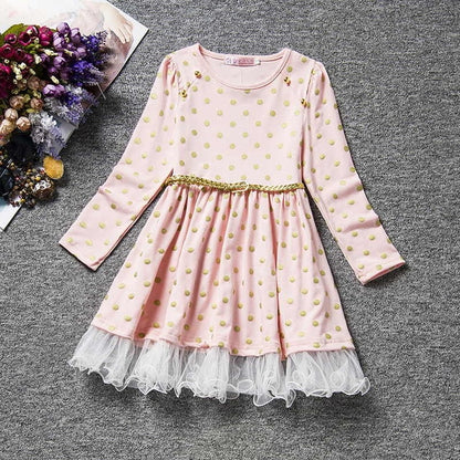 Dot Long Sleeve Dress For Girls Clothing Child Costume Baby Girl Clothing Teenager School Daily Wear Sashes Kids Casual Clothes