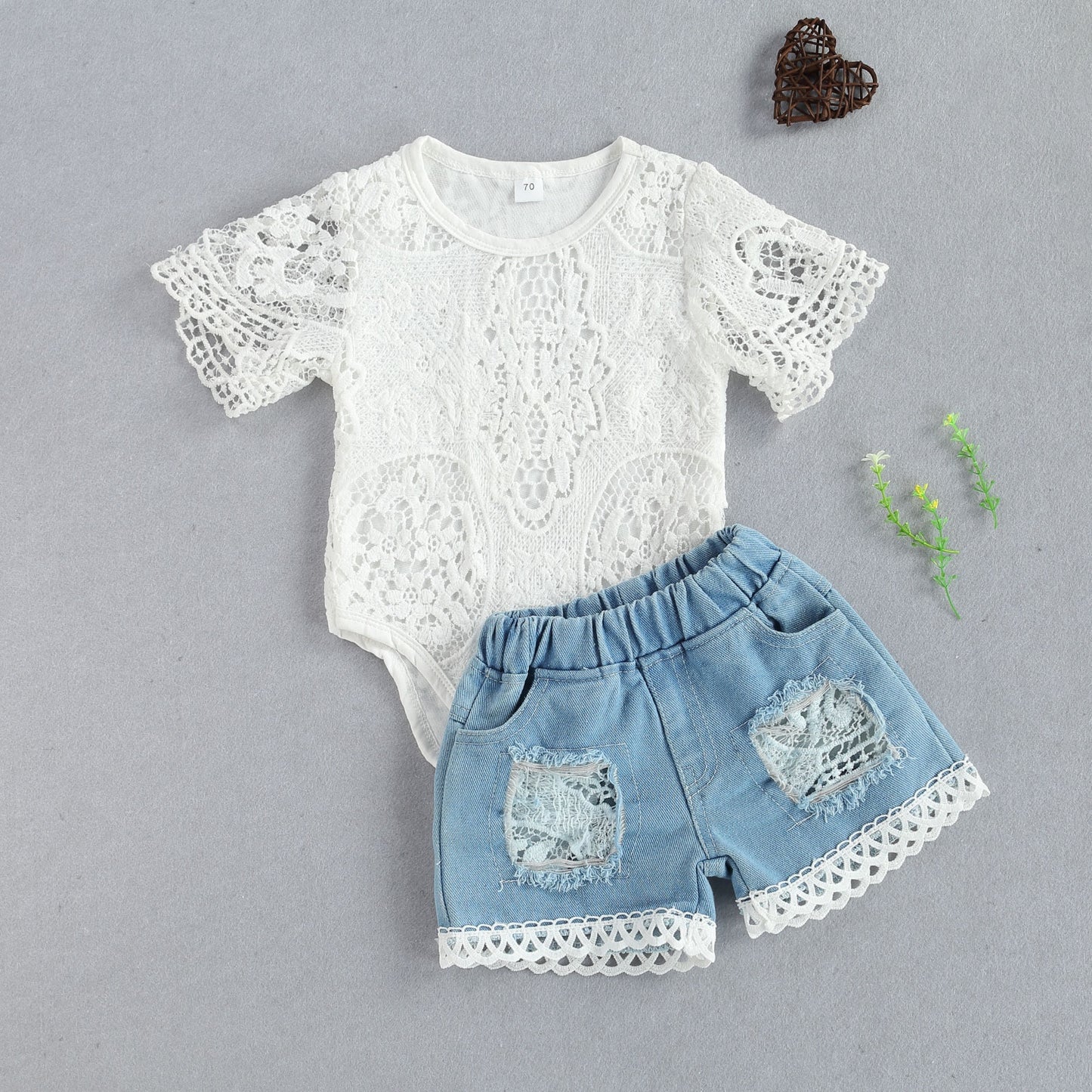 new fashion 0-24m baby girls fall clothes long sleeve lace romper suit triangle crotch lace top  hole long jeans 2pcs outfit