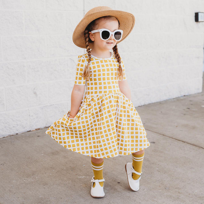 children's clothing new girls checkered print fashion casual summer fashion style dress