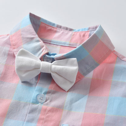 Summer Baby Boy Gentleman Suit Plaid Bow Tie Cotton Shorts Short Sleeve Multi-Piece Children's Clothing