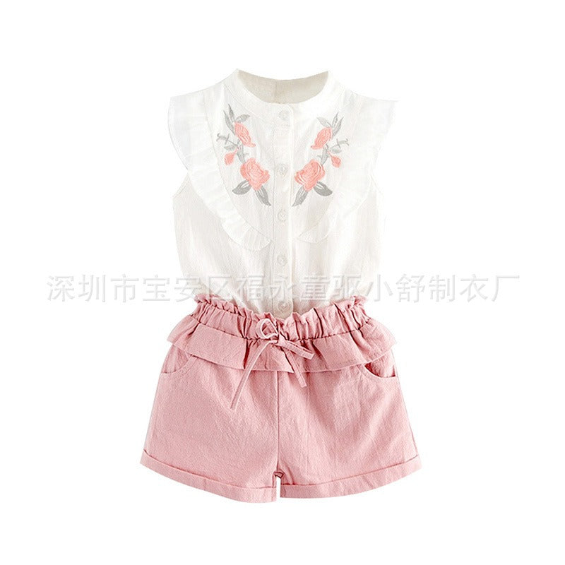 girls embroidered flowers ruffled lace sleeveless shirt two-color shorts set