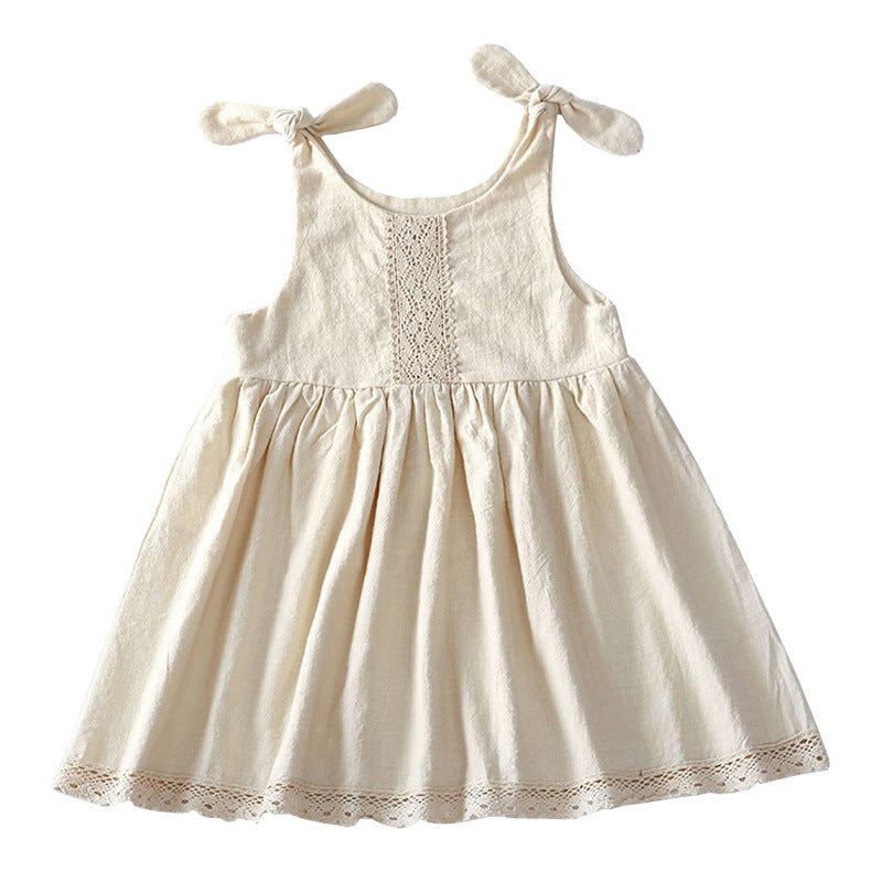 new solid color children's dress cotton linen lace princess dress lace up girls dress girls one-piece