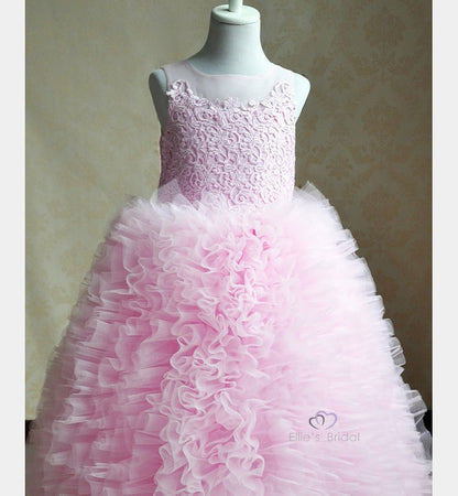 Ellies Bridal Girls Princess Pageant Dress Tulle Ruffles Tiered Evening Party Kids Ball Gowns Crystal Bow First Communion Dress