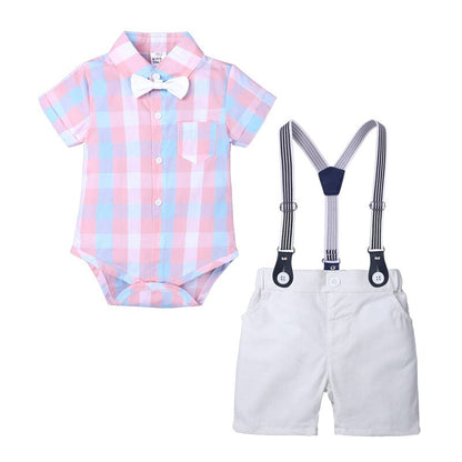 Summer baby boy suit gentleman dress plaid shirt bow tie Siamese short-sleeved jumpsuit straps shorts suit baby clothes