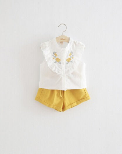 Girls Embroidered Flowers Ruffled Lace Sleeveless Shirt Two-Color Shorts Set