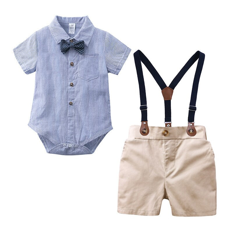 summer baby boy suit gentleman dress plaid shirt bow tie siamese short-sleeved jumpsuit straps shorts suit baby clothes