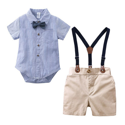 Summer baby boy suit gentleman dress plaid shirt bow tie Siamese short-sleeved jumpsuit straps shorts suit baby clothes