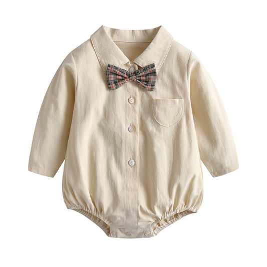 Baby Jumpsuit Spring New Baby Boy Gentleman Bow Tie Long Sleeve Triangle Romper Solid Color Open Button Romper