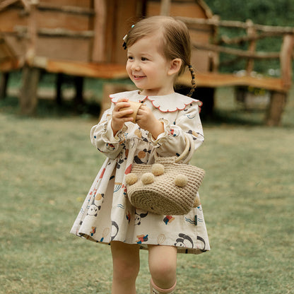 Autumn New Children's Clothing Girls Dress Long-Sleeved A-Line Skirt Lace Lapel Corduroy Skirt