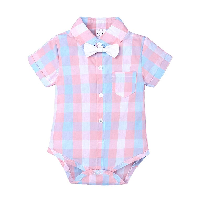 summer baby boy suit gentleman dress plaid shirt bow tie siamese short-sleeved jumpsuit straps shorts suit baby clothes