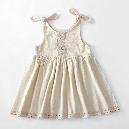 New Solid Color Children's Dress Cotton Linen Lace Princess Dress Lace Up Girls Dress Girls One-Piece