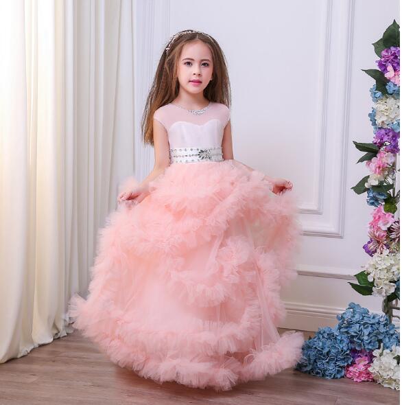 stunning v-back luxury pageant tulle ball gowns for girls 2-13 year old pink color little princess flower girl dresses party