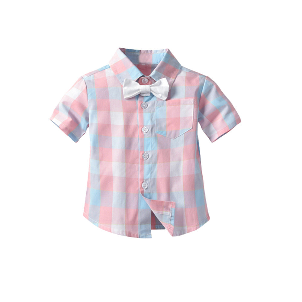 summer baby boy gentleman suit plaid bow tie cotton shorts short sleeve multi-piece children's clothing