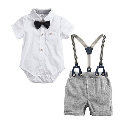 Summer baby boy suit gentleman dress plaid shirt bow tie Siamese short-sleeved jumpsuit straps shorts suit baby clothes