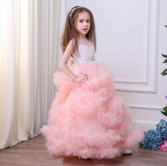 stunning v-back luxury pageant tulle ball gowns for girls 2-13 year old pink color little princess flower girl dresses party