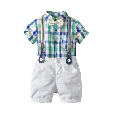 Summer Baby Boy Gentleman Suit Plaid Bow Tie Cotton Shorts Short Sleeve Multi-Piece Children's Clothing