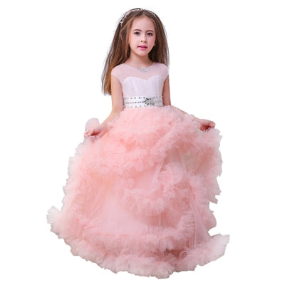 stunning v-back luxury pageant tulle ball gowns for girls 2-13 year old pink color little princess flower girl dresses party