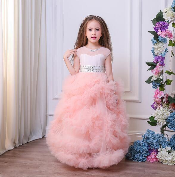 stunning v-back luxury pageant tulle ball gowns for girls 2-13 year old pink color little princess flower girl dresses party