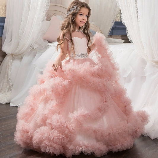 Stunning V-Back Luxury Pageant Tulle Ball Gowns for Girls 2-13 Year Old Pink Color Little Princess Flower Girl Dresses Party