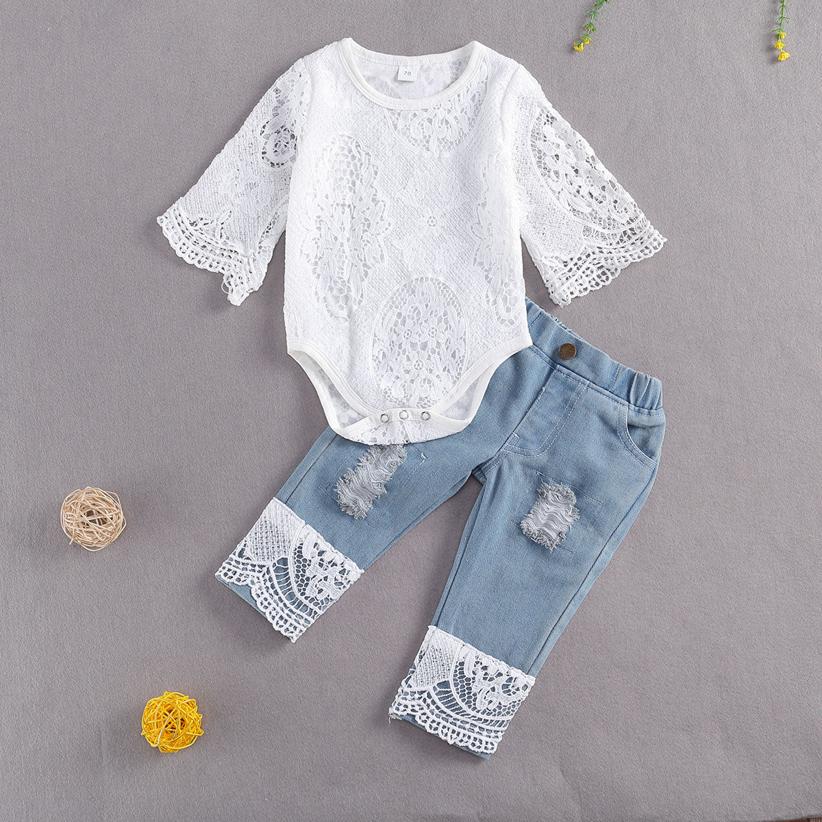 new fashion 0-24m baby girls fall clothes long sleeve lace romper suit triangle crotch lace top  hole long jeans 2pcs outfit