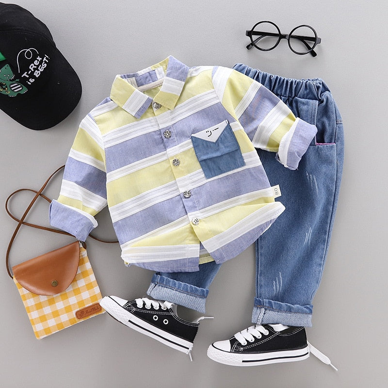 fashion baby boys clothes spring children clothing gentleman baby boy striped shirt+jeans 2pcs set newborn baby boy clothes