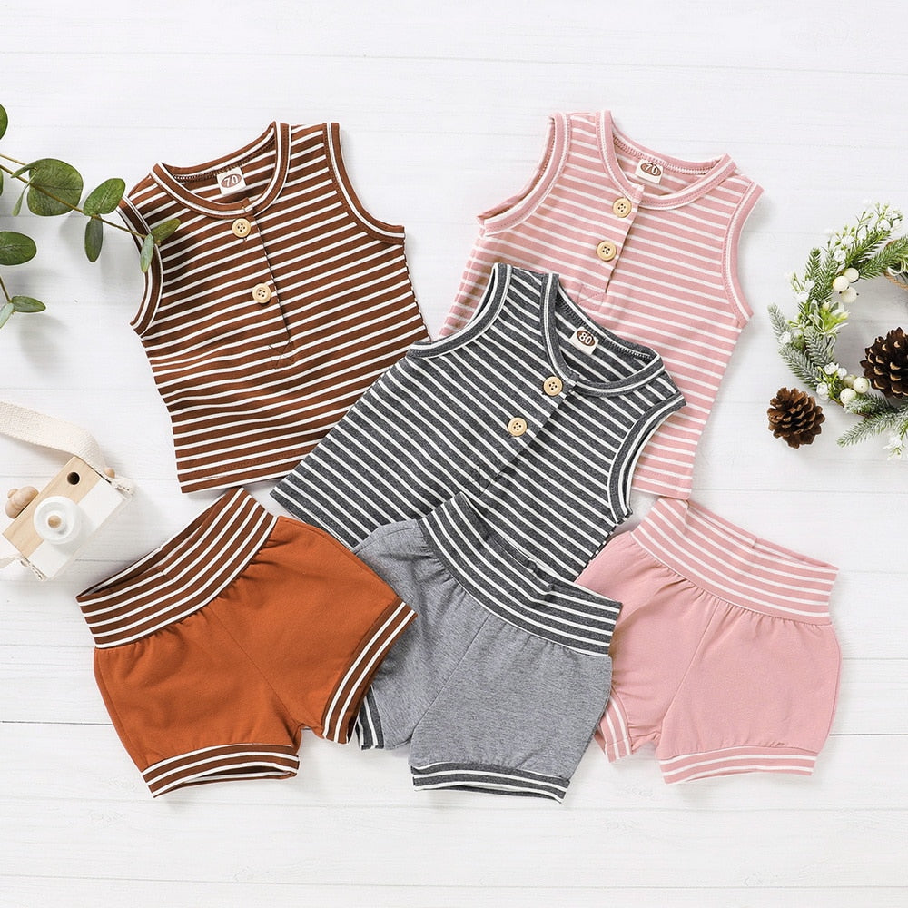 summer baby shorts set for girls boys newborn clothes 2pcs bottom vest+striped shorts sleeveless