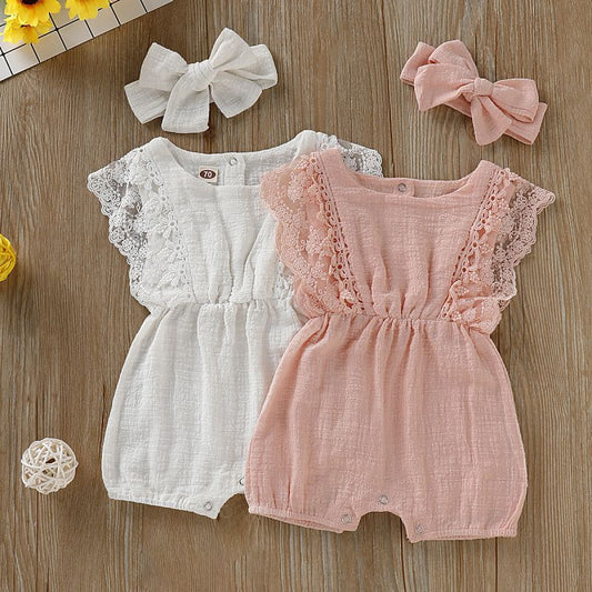 Summer Baby Girl Rompers Newborn Baby Clothes Toddler Flare Sleeve Solid Lace Design Romper Jumpsuit With Headband One-Pieces