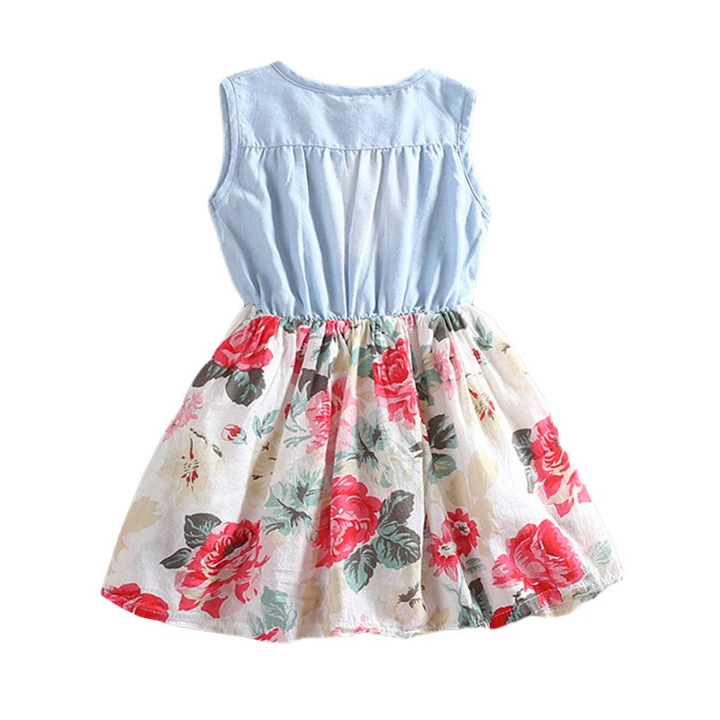 summer sleeveless girl's denim floral dresses