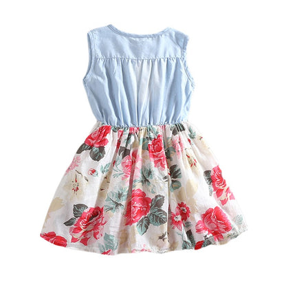 Summer Sleeveless Girl's Denim Floral Dresses