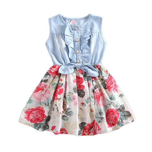 Summer Sleeveless Girl's Denim Floral Dresses