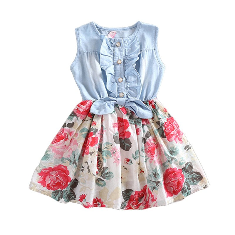 summer sleeveless girl's denim floral dresses