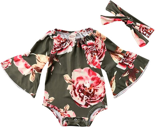 Newborn Baby Girl Floral Bodysuit+Headnband 2Pcs Summer Flare Sleeve Fashion Jumpsuit 0-24Months