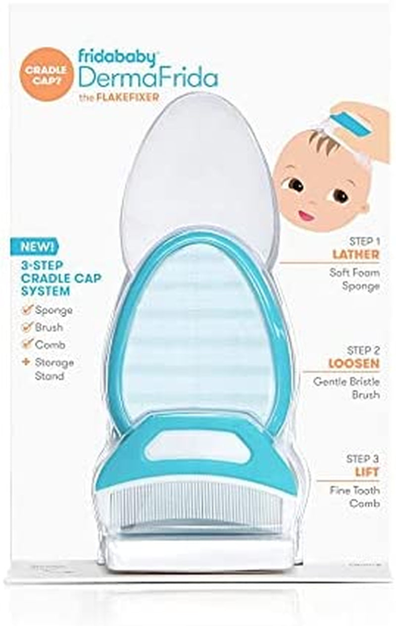 frida baby the 3-step cradle cap system | dermafrida the flakefixer | sponge, brush, comb and storage stand for babies with cradle cap