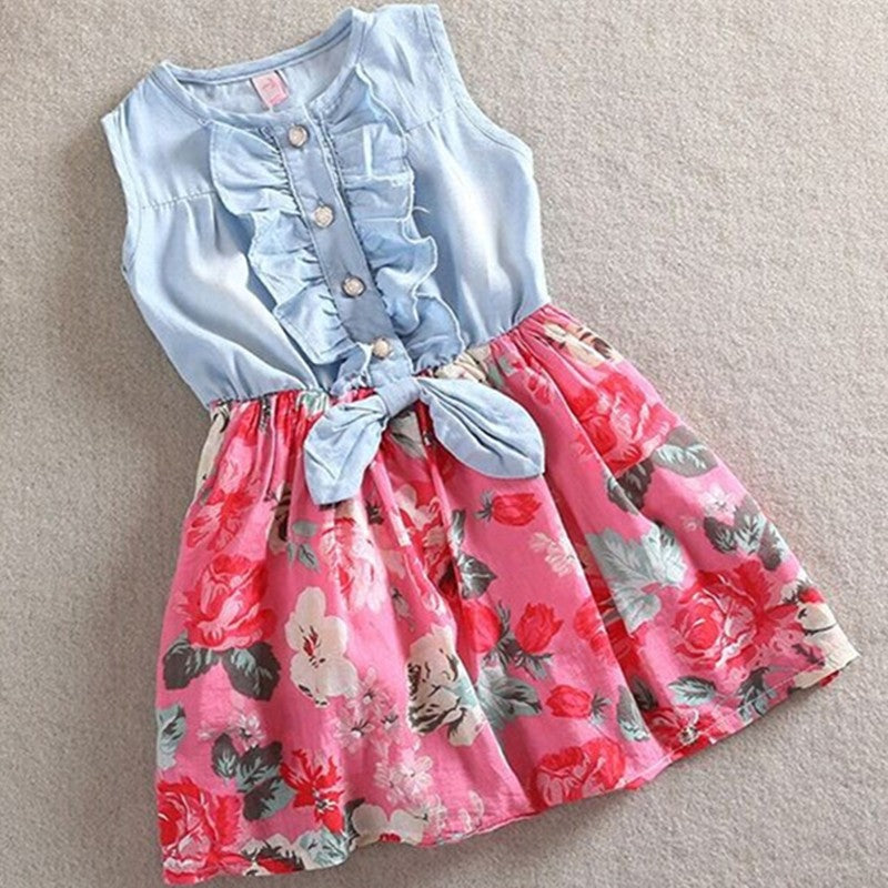 summer sleeveless girl's denim floral dresses