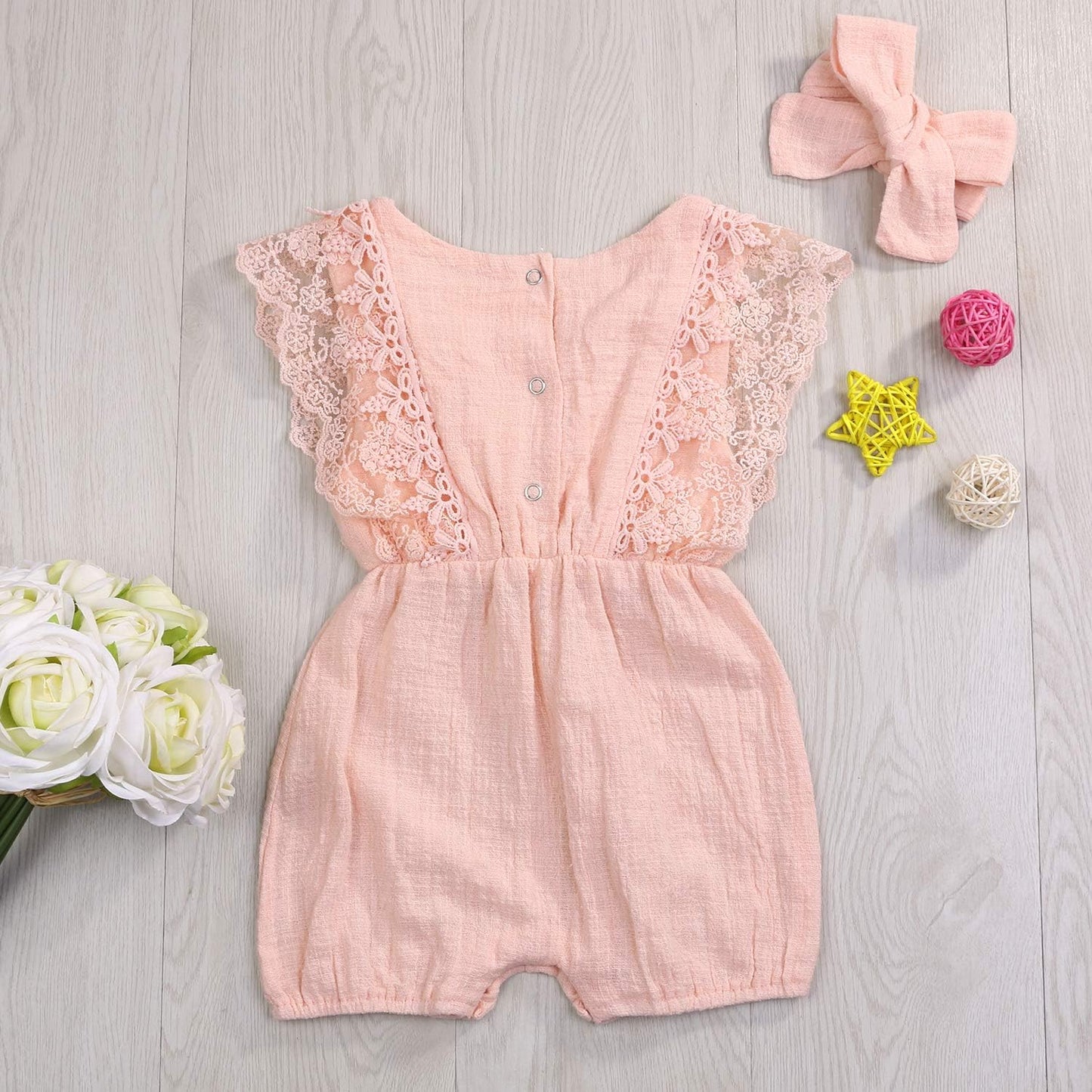 baby girls lace romper set ruffle sleeve solid color onesie with headband