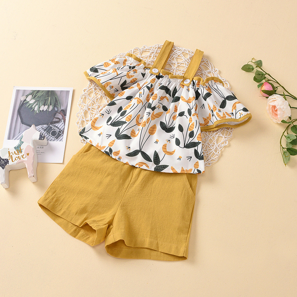 girls floral sling top shorts two-piece suit