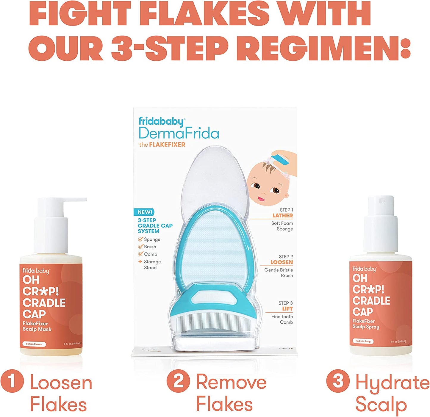 frida baby the 3-step cradle cap system | dermafrida the flakefixer | sponge, brush, comb and storage stand for babies with cradle cap