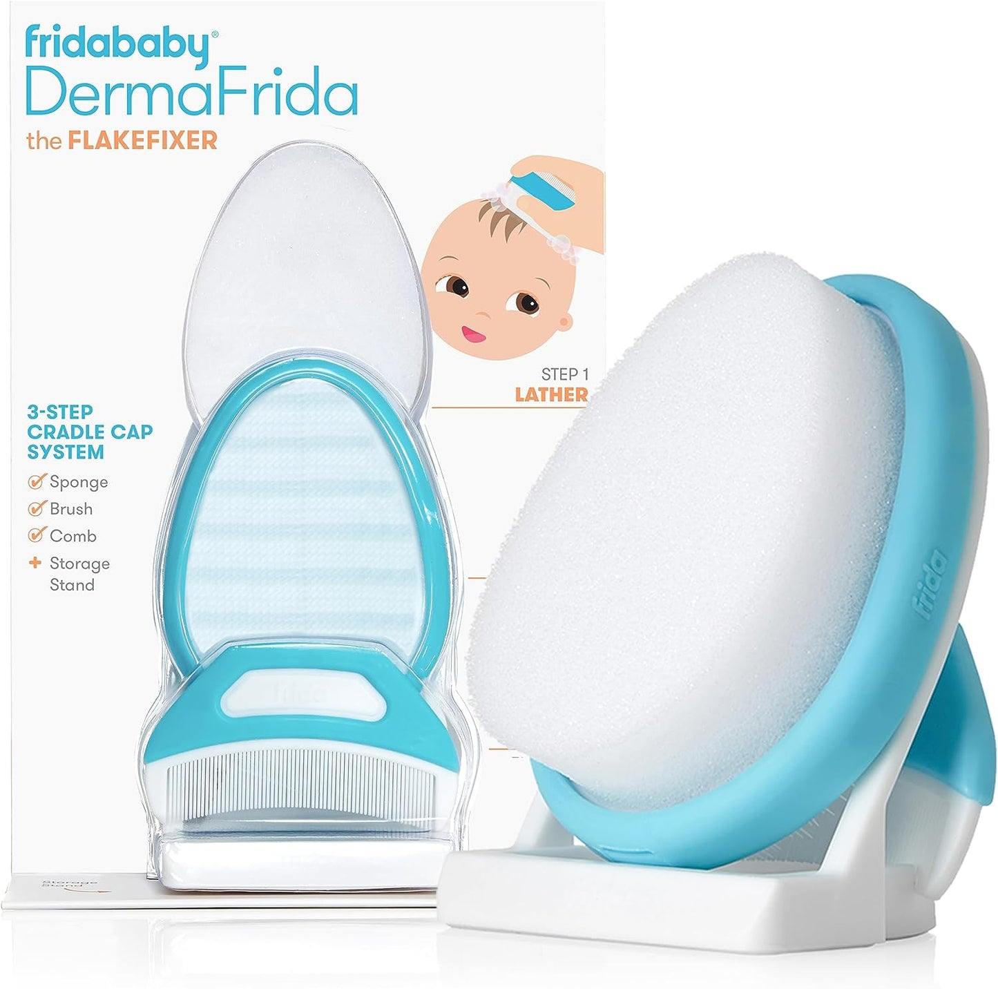 frida baby the 3-step cradle cap system | dermafrida the flakefixer | sponge, brush, comb and storage stand for babies with cradle cap