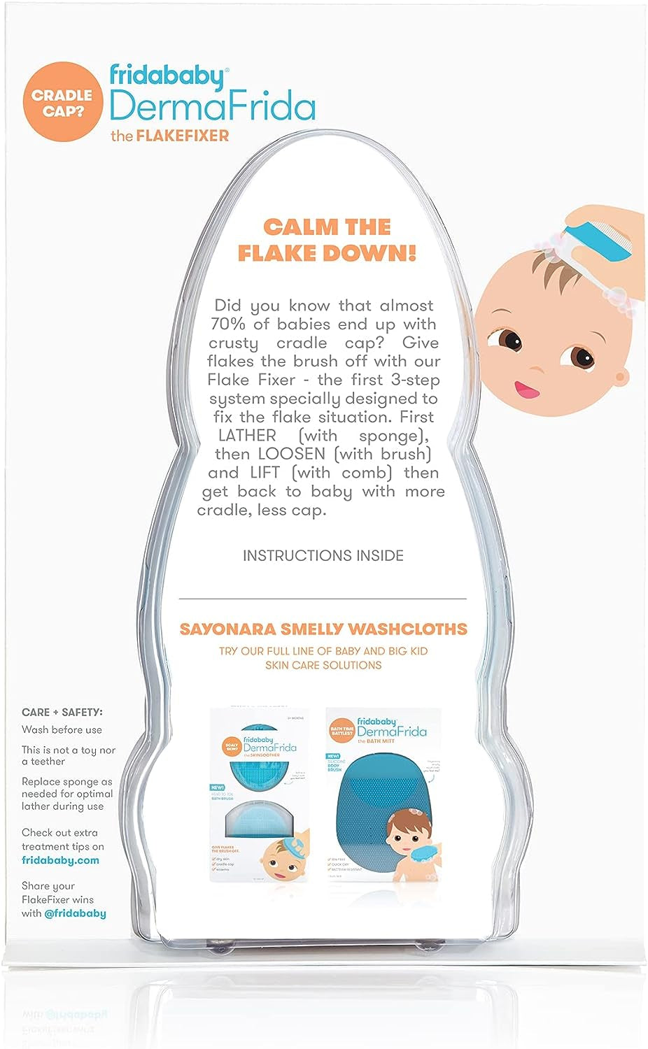 frida baby the 3-step cradle cap system | dermafrida the flakefixer | sponge, brush, comb and storage stand for babies with cradle cap