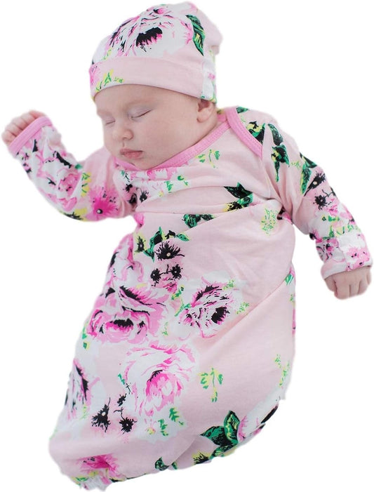 Newborn Gown and Hat Set Layette Romper Coming Home Outfit (Newborn, Amelia)