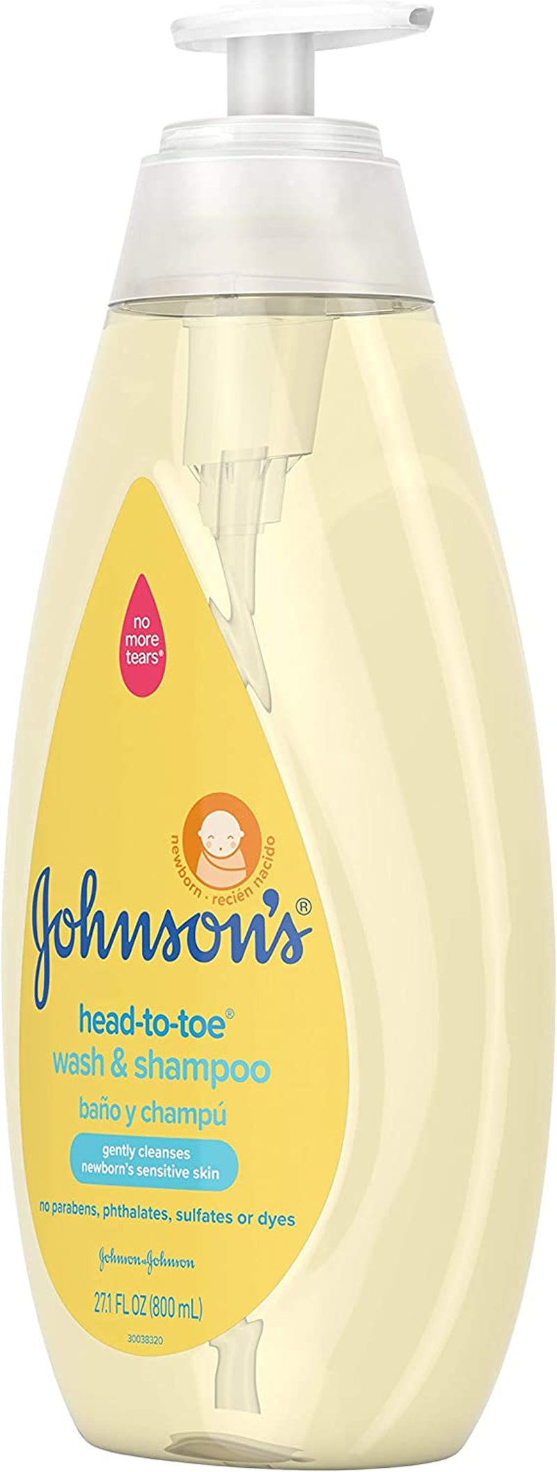 johnson's head-to-toe gentle baby body wash & shampoo, tear-free, sulfate-free & hypoallergenic bath wash & shampoo for baby's sensitive skin & hair, washes away 99.9% of germs 27.1 fl. oz